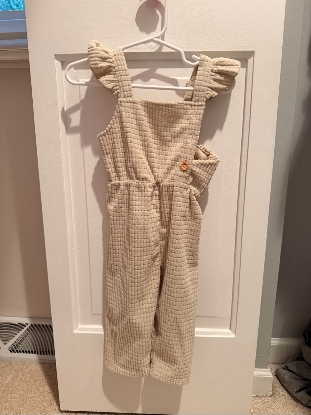 PatPat Cream Textured Waffle Knit Ruffled Strap Jumpsuit